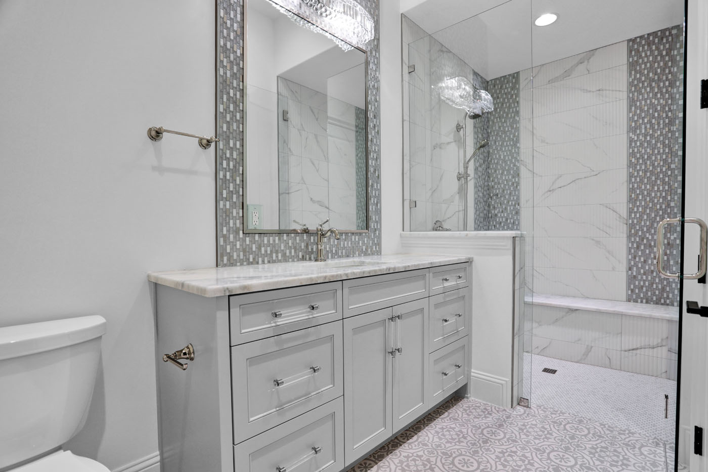 A beautiful redesigned bathroom completed by Footprints Bath and Tile Raleigh.