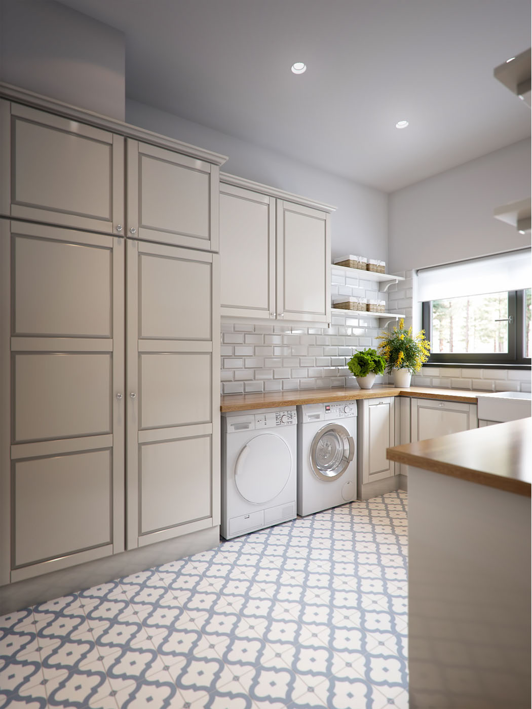A beauitful laundry room with geometric pattern floor and ceramic backsplash.