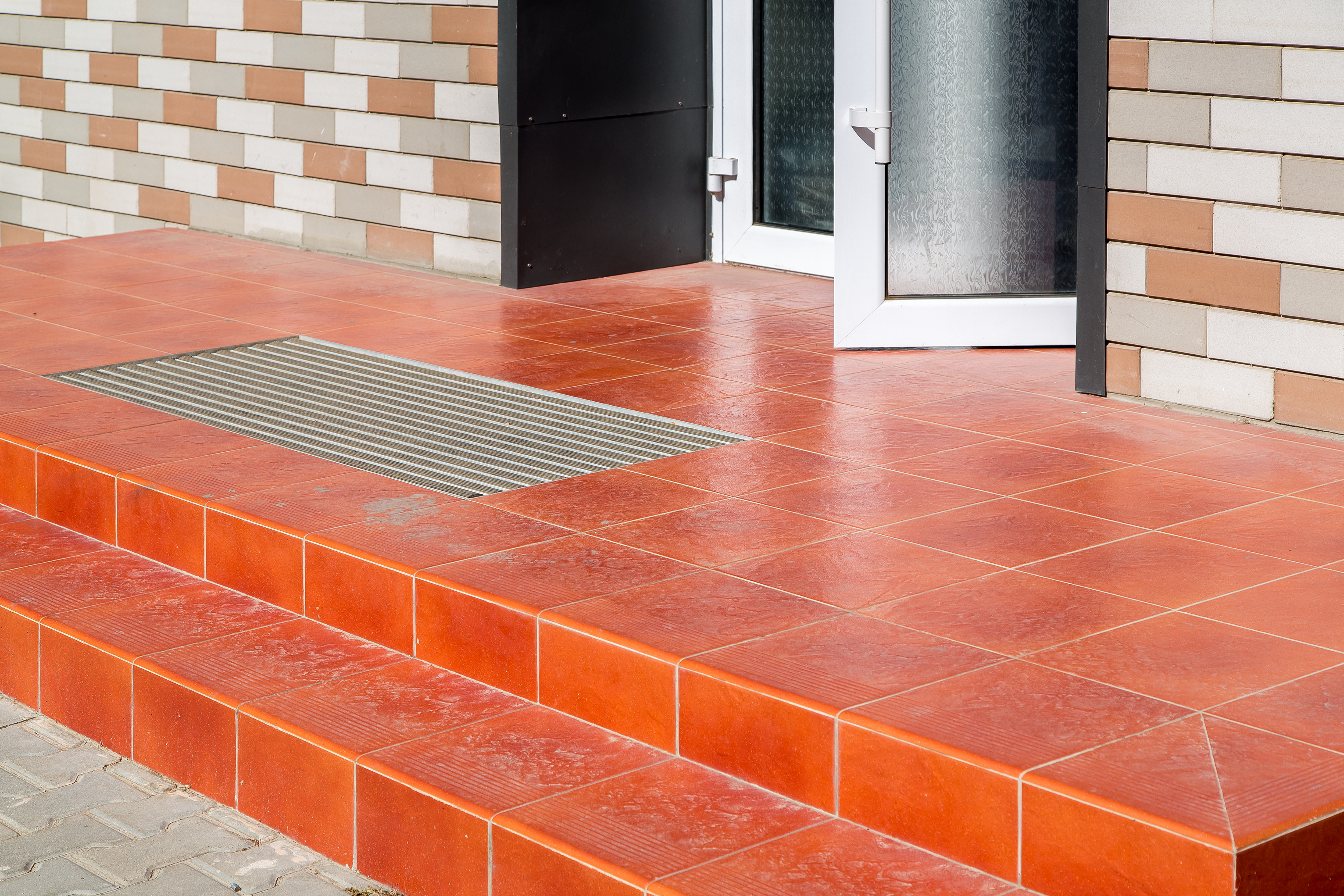 A close-up shot of red rile on a small patio.